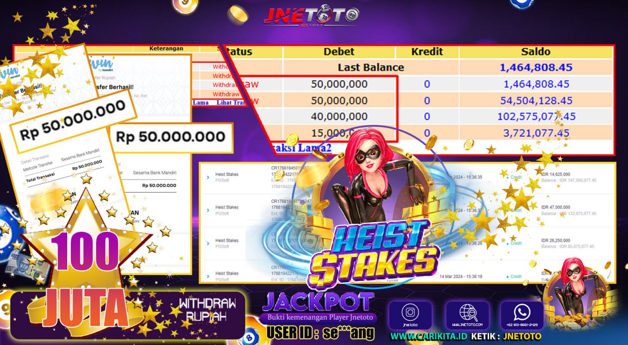 Bukti Jackpot JNETOTO Slot Heist Stakes Rp. 100.000.000 LUNAS