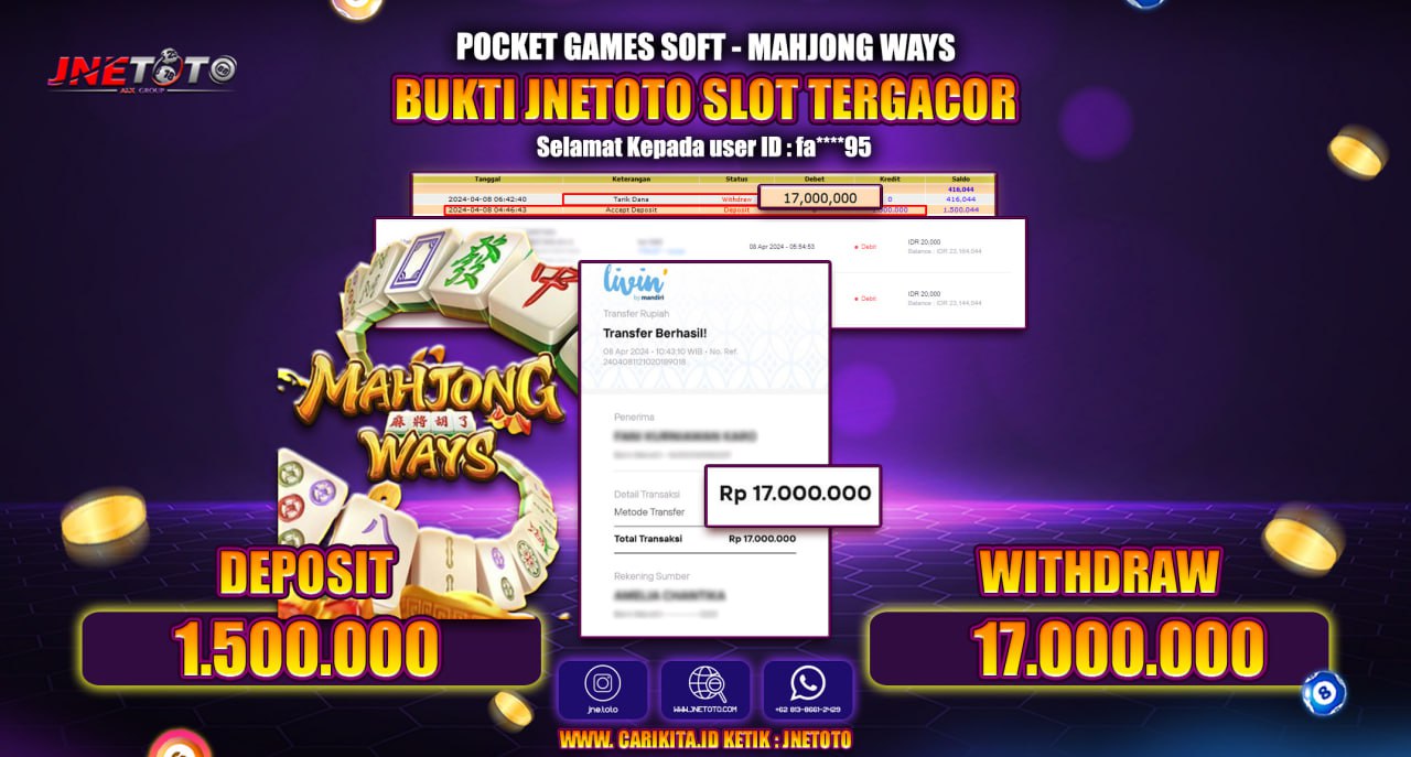 Bukti Jackpot JNETOTO Di Slot Mahjong Ways Rp. 17.000.000 LUNAS