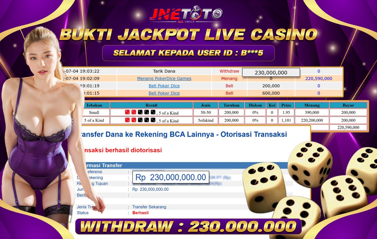 Bukti Jackpot JNETOTO Di Live Casino PokerDice Games Rp. 230.000.000 LUNAS