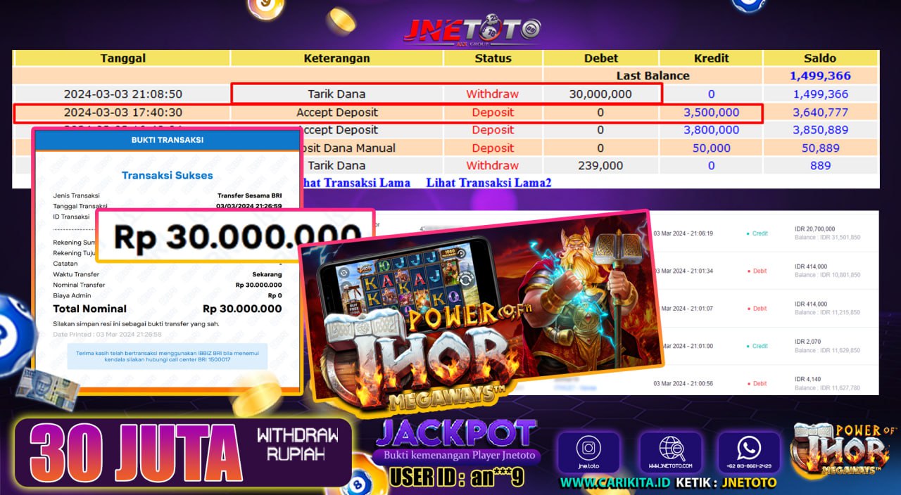 Bukti Jackpot JNETOTO Slot Power Of Thor Rp. 30.000.000 LUNAS