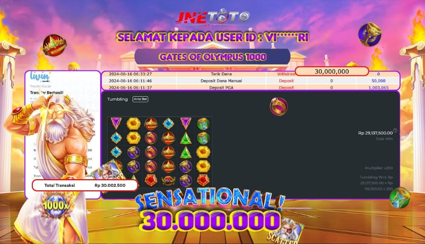 Bukti Jackpot JNETOTO Di Slot Gates Of Olympus Rp. 30.000.000 LUNAS