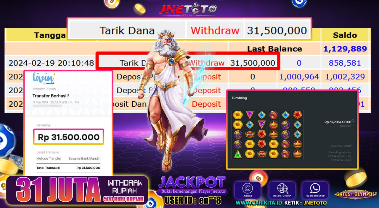 Bukti Jackpot JNETOTO Slot Gates Of Olympus Rp. 31.500.000 LUNAS