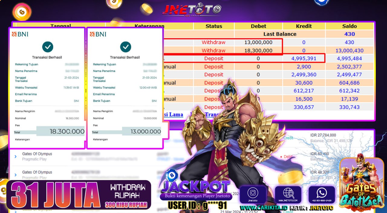 Bukti Jackpot JNETOTO Di Slot Gates Of GatotKaca Rp. 31.300.000 LUNAS