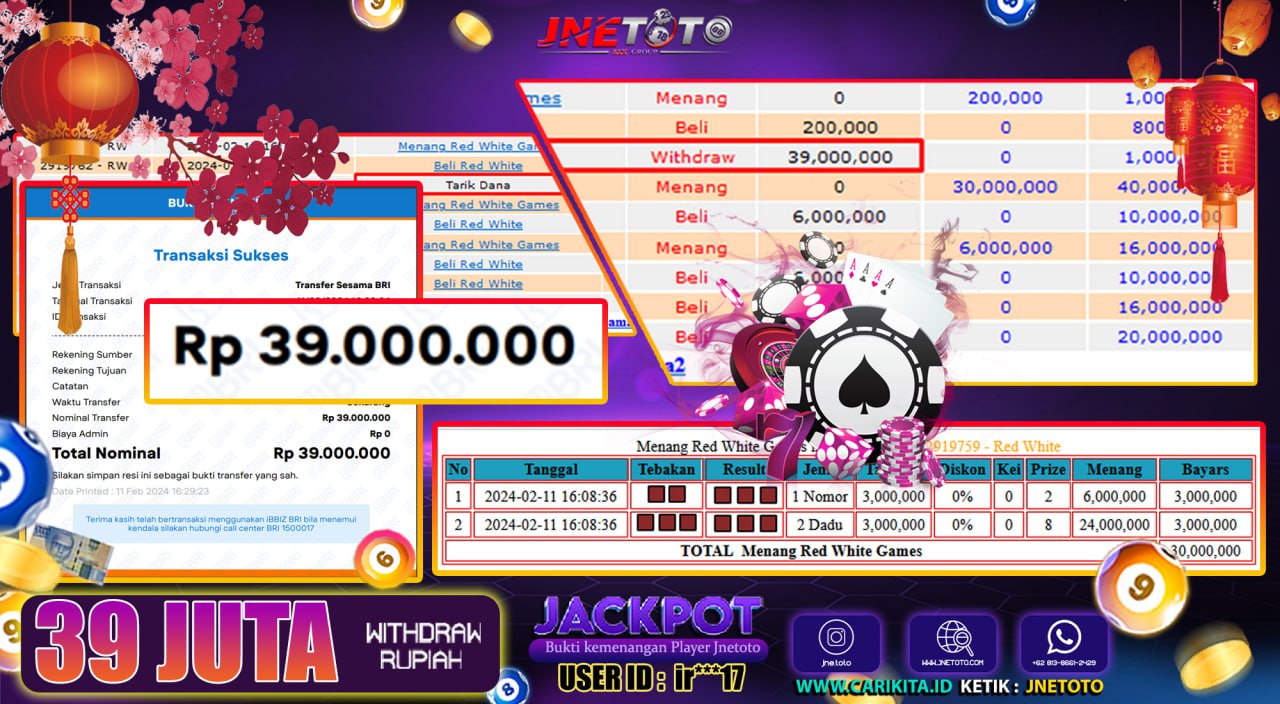 Bukti Jackpot JNETOTO Live Casino Red White Rp. 39.000.000 LUNAS