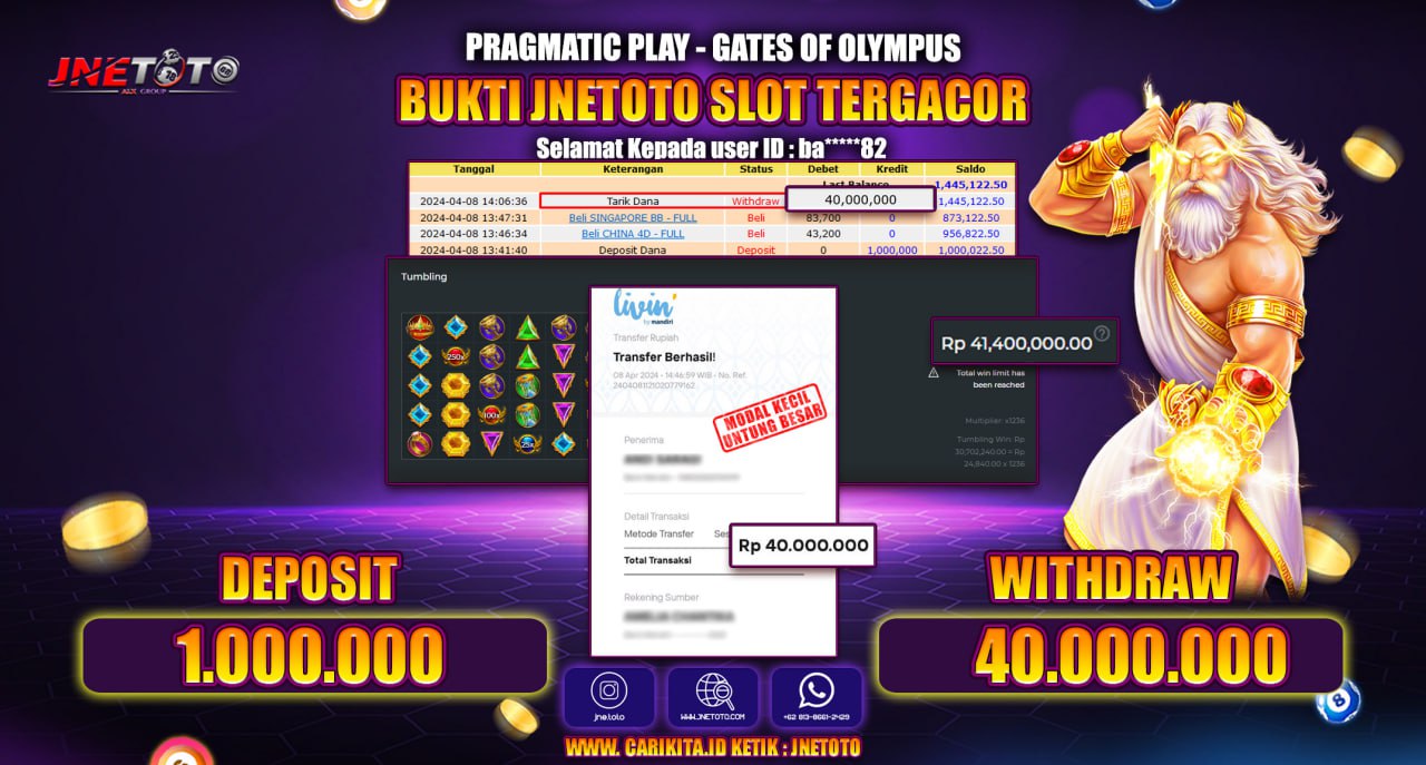 Bukti Jackpot JNETOTO Di Slot Gates Of Olympus Rp. 40.000.000 LUNAS