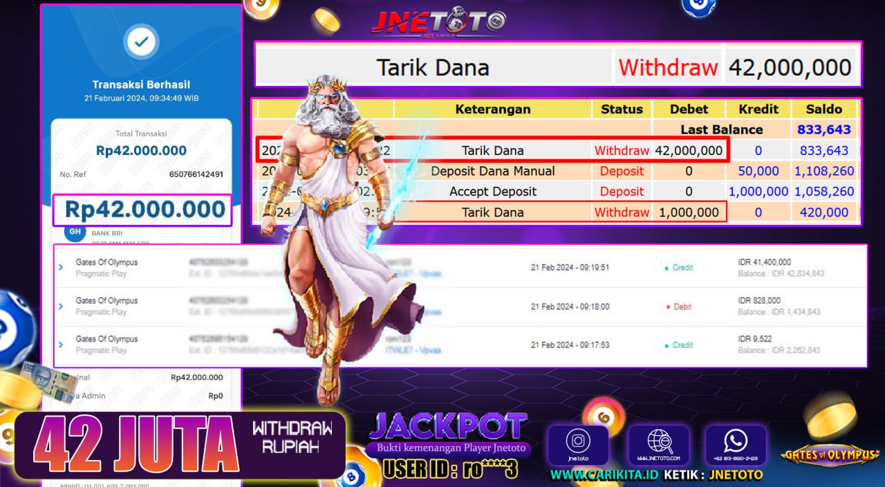 Bukti Jackpot JNETOTO Slot Gates Of Olympus Rp. 42.000.000 LUNAS
