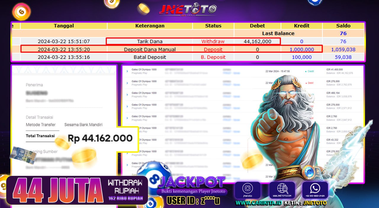 Bukti Jackpot JNETOTO Di Slot Gates Of Olympus Rp. 44.000.000 LUNAS