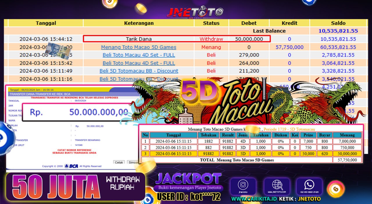 Bukti Jackpot JNETOTO Togel Toto Macau 5D Rp. 50.000.000 LUNAS