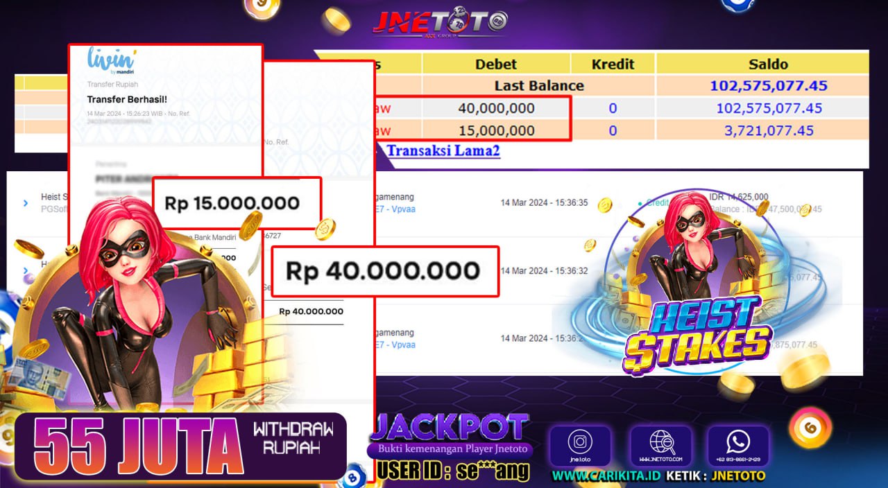 Bukti Jackpot JNETOTO Slot Heist Stakes Rp. 40.000.000 LUNAS