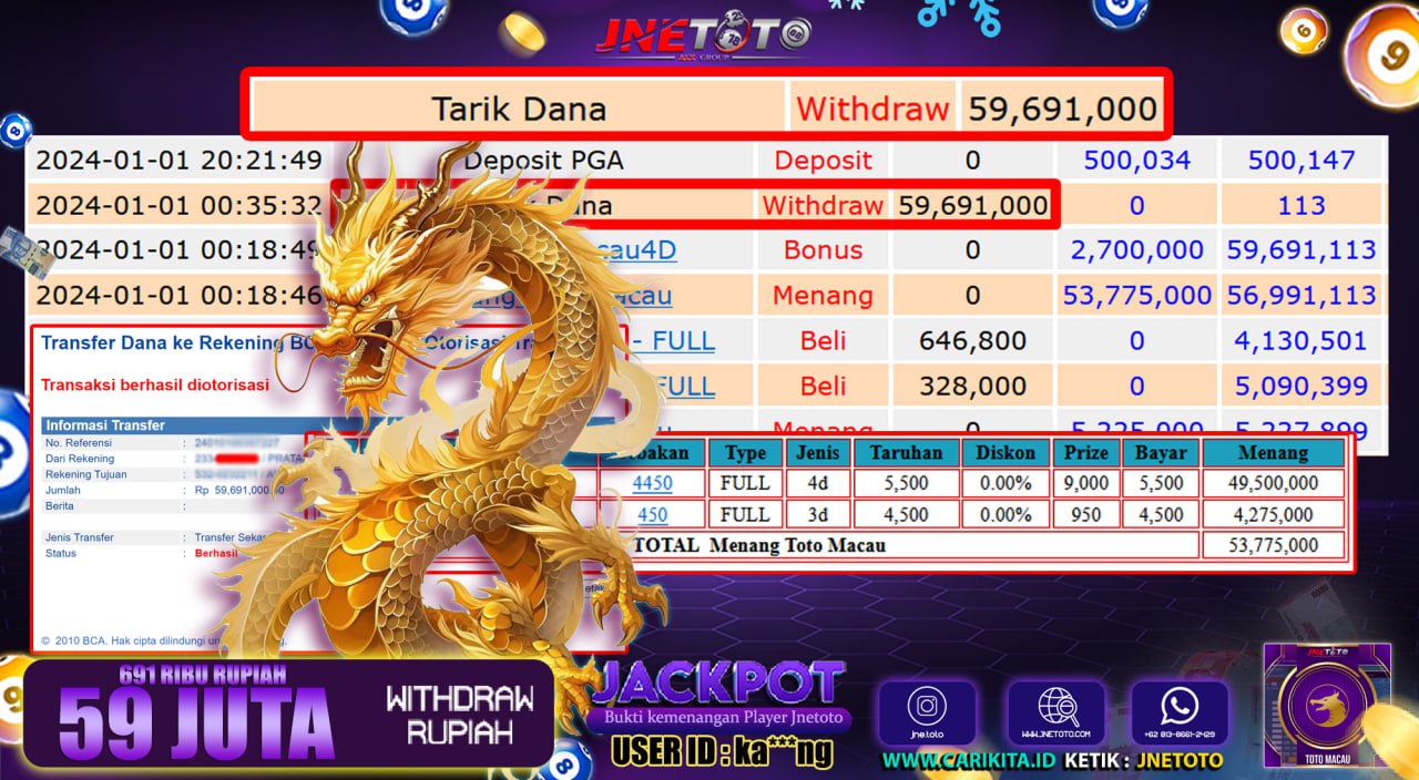 Bukti Jackpot JNETOTO JP TOTOMACAU  Rp. 59.000.000 LUNAS