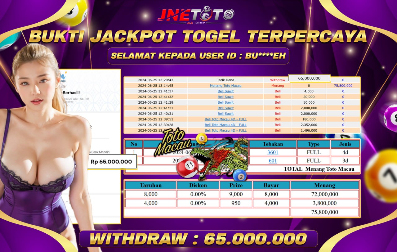 Bukti Jackpot JNETOTO Di Togel Pasaran TotoMacau Rp. 65.000.000 LUNAS