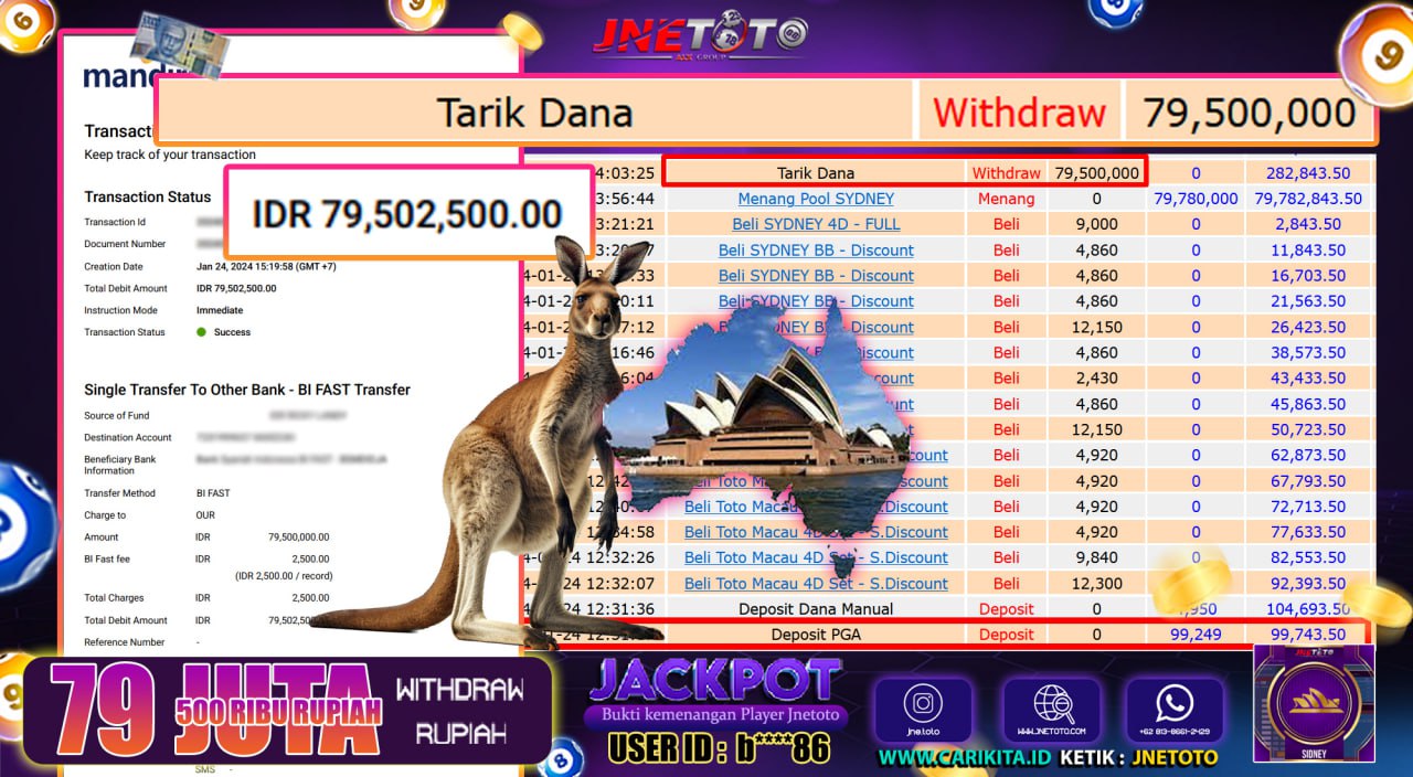 Bukti Jackpot JNETOTO JP Di Pasaran Sydney Rp.79.500.000 LUNAS