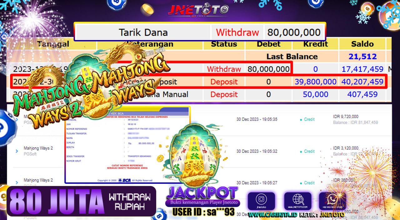 Bukti Jackpot JNETOTO Slot Mahjong Ways2  Rp. 80.000.000 LUNAS