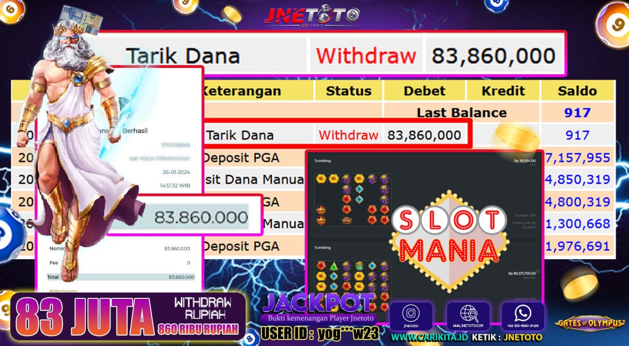 Bukti Jackpot JNETOTO JP Di Slot Mania Rp.83.860.000 LUNAS