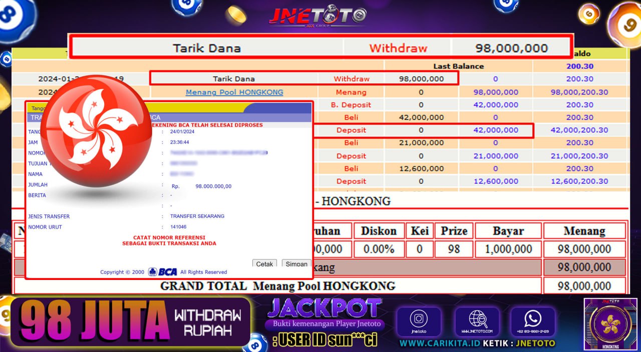 Bukti Jackpot JNETOTO JP Di Pasaran Hongkong Rp.98.000.000 LUNAS
