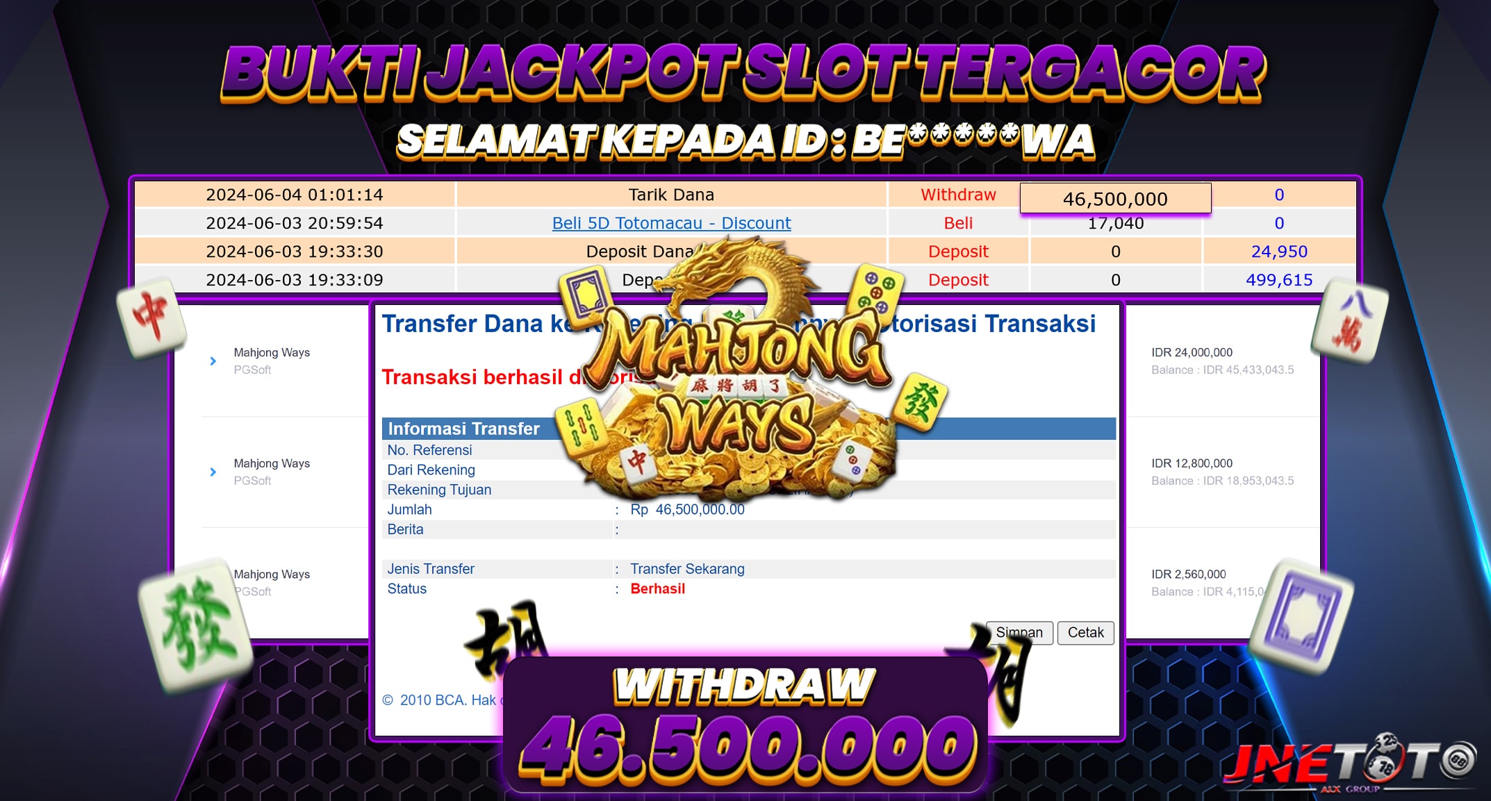 Bukti Jackpot JNETOTO Di Slot Mahjong Ways Rp. 46.500.000 LUNAS