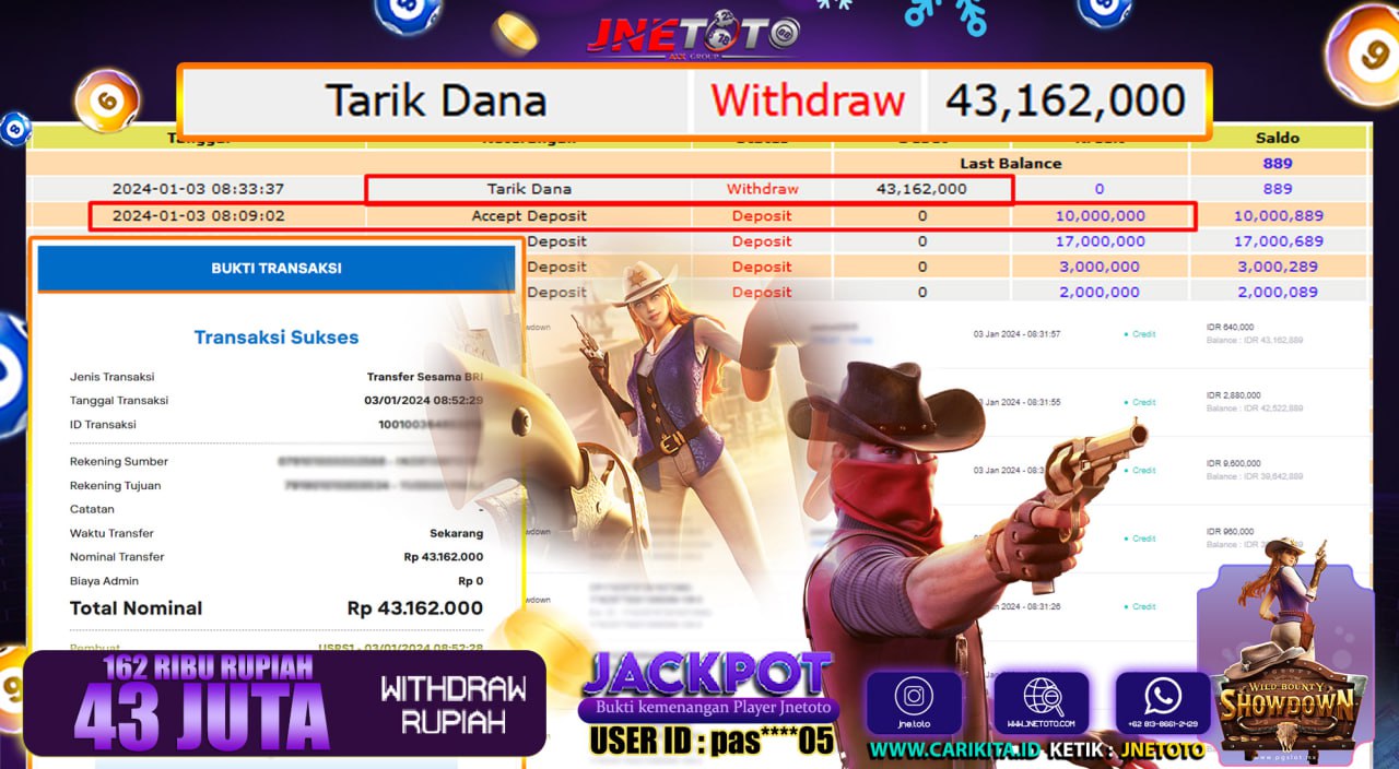 Bukti Jackpot JNETOTO JP Wild Bounty X Showdown Rp. 43.000.000 LUNAS
