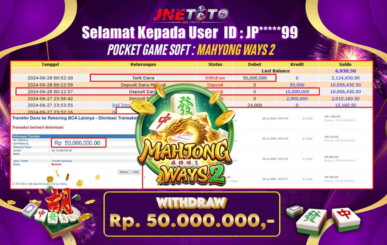 Bukti Jackpot JNETOTO Di Slot Mahjong Ways Rp. 50.000.000 LUNAS