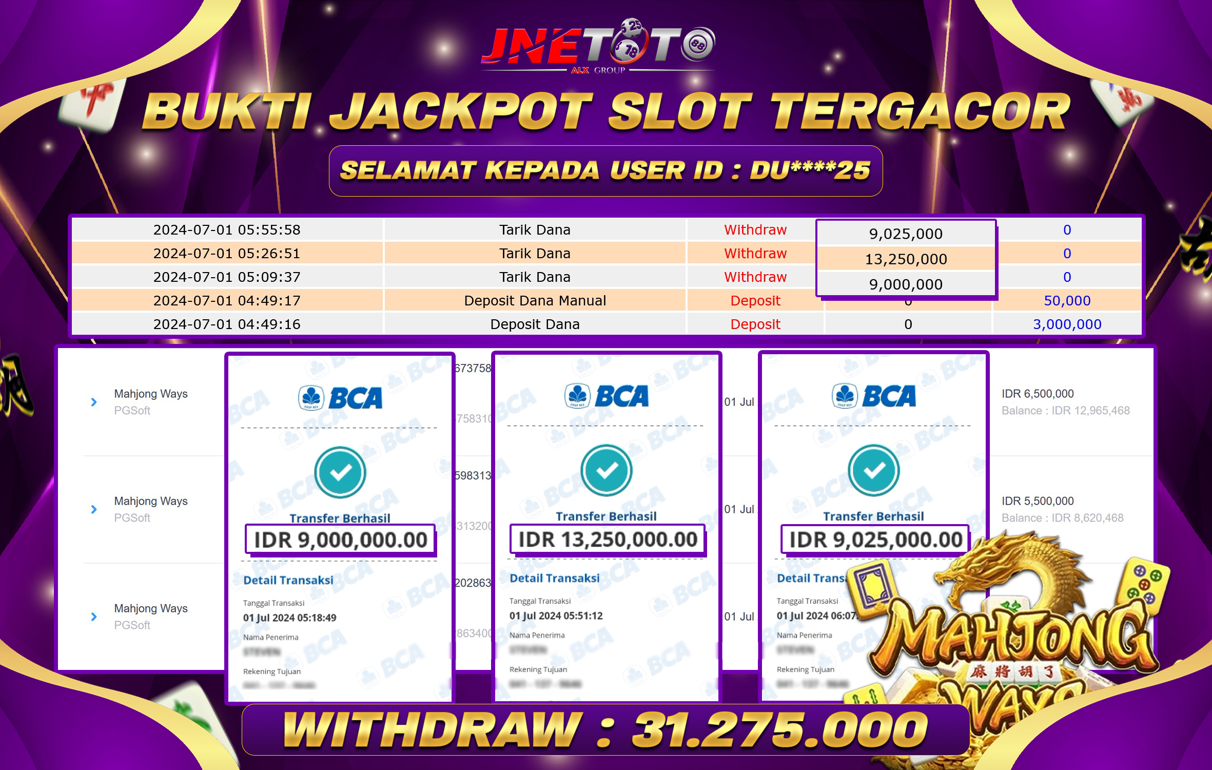 Bukti Jackpot JNETOTO Di Slot Mahjong Ways Rp. 31.275.000 LUNAS