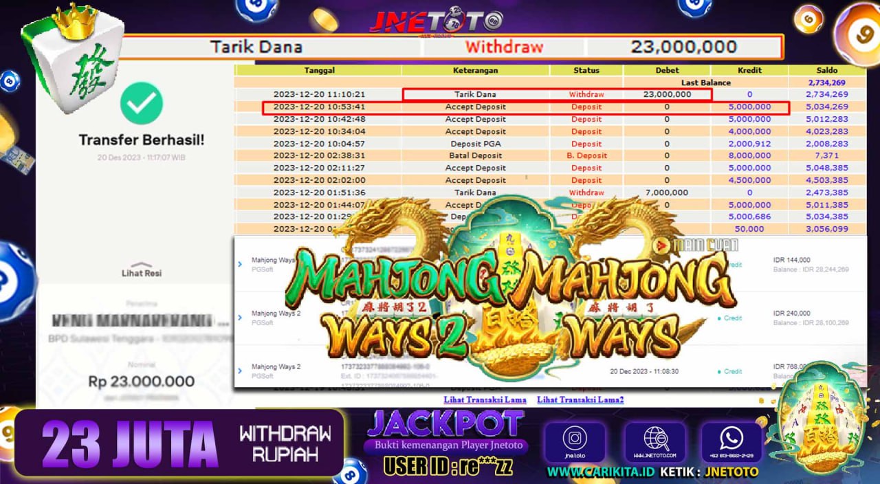 Bukti Jackpot JNETOTO Slot Mahjong Ways2  Rp. 23.000.000 LUNAS