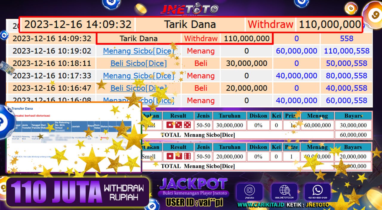 Bukti Jackpot JNETOTO Live Casino Sicbo (Dice) Rp. 110.000.000 LUNAS