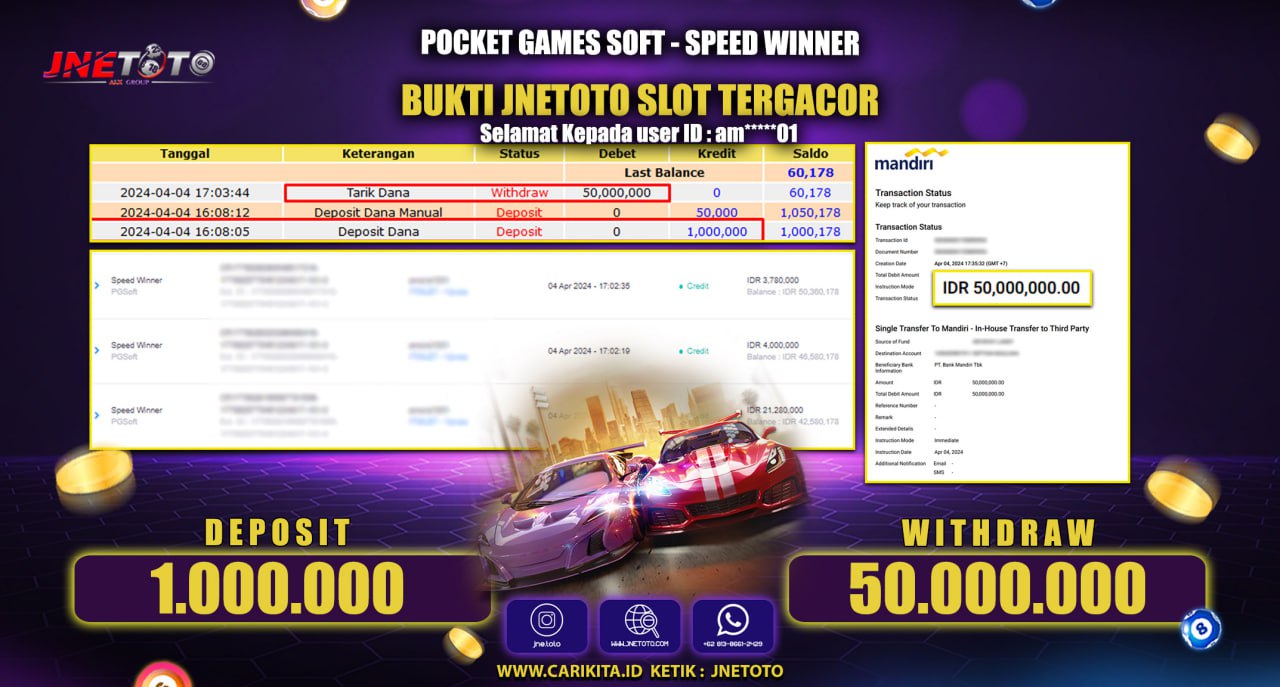 Bukti Jackpot JNETOTO Di Slot Speed Winner Rp. 50.000.000 LUNAS