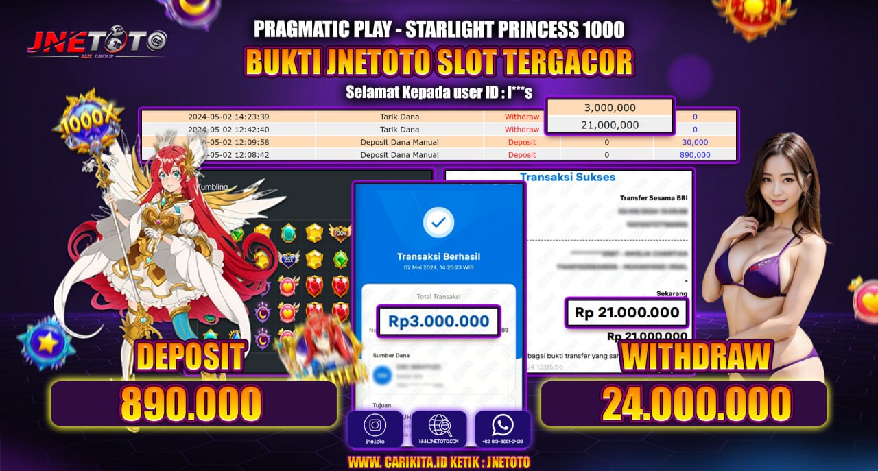Bukti Jackpot JNETOTO Di Slot Starlight Princess 1000 Rp. 24.000.000 LUNAS
