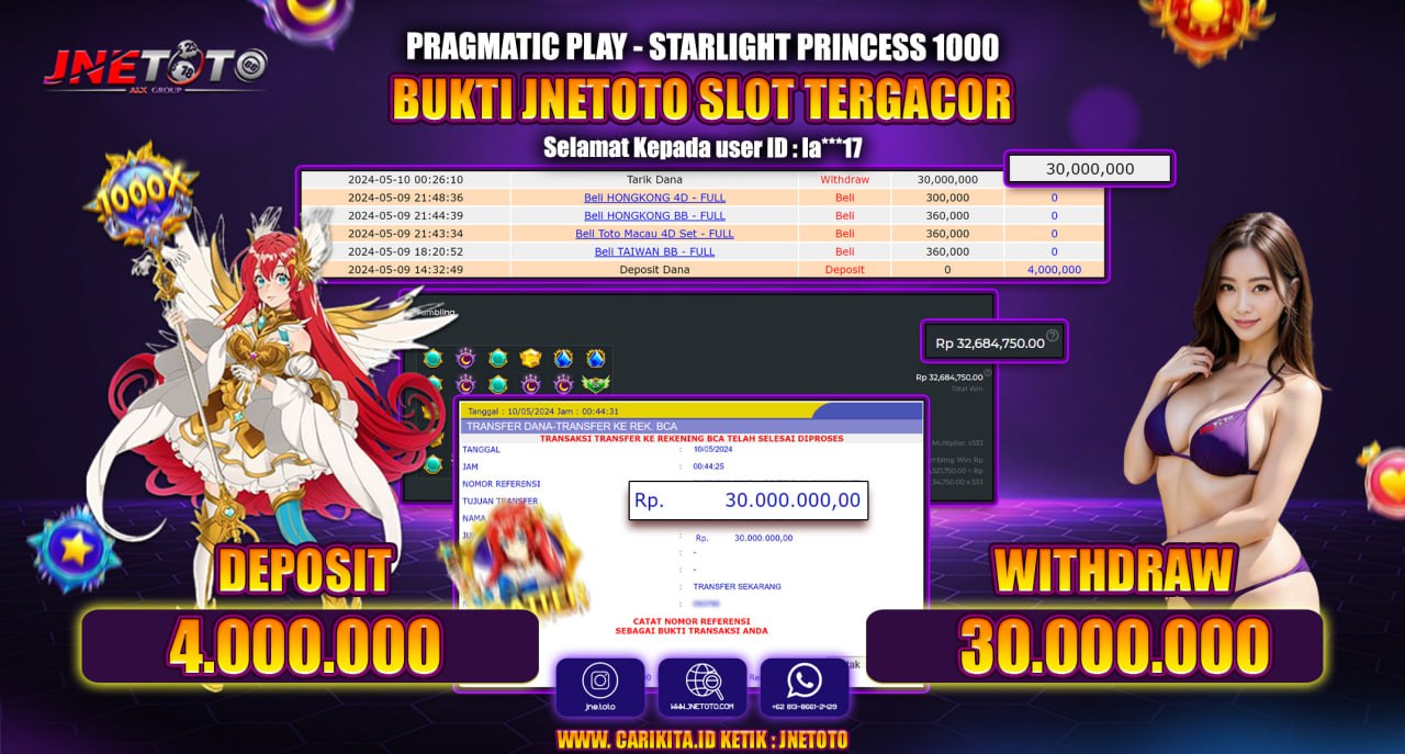 Bukti Jackpot JNETOTO Di Slot Starlight Princess 1000 Rp. 30.000.000 LUNAS
