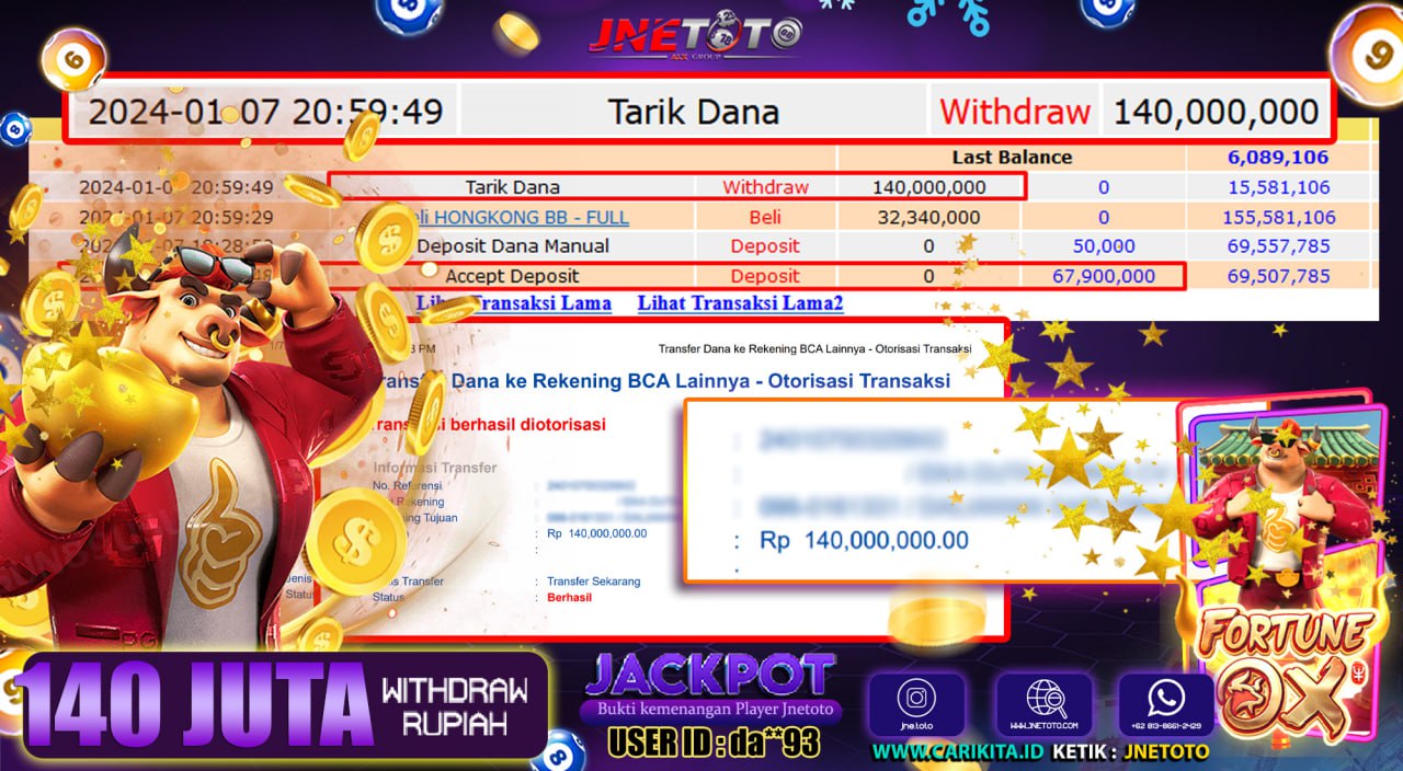 Bukti Jackpot JNETOTO Slot Fortune Ox Rp. 140.000.000 LUNAS