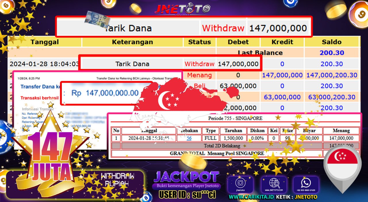 Bukti Jackpot JNETOTO Togel SINGAPORE Rp. 147.000.000 LUNAS