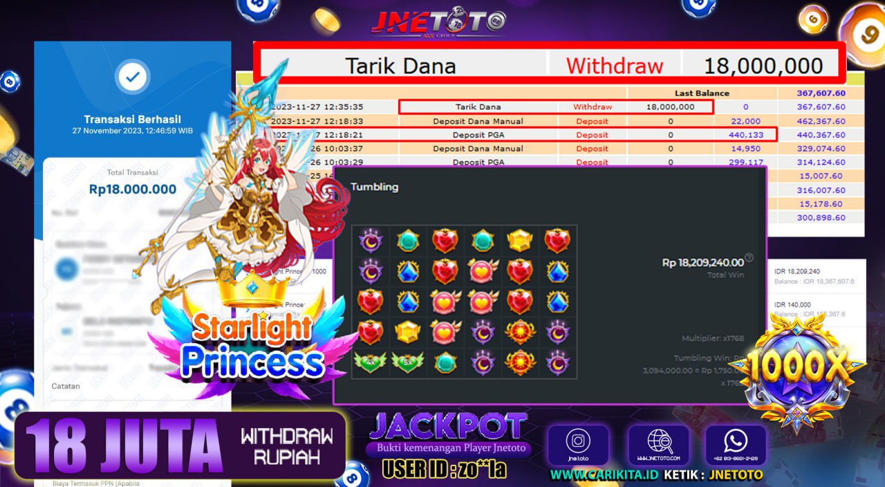 Bukti Jackpot JNETOTO Slot Starlight Princess Rp. 18.000.000 LUNAS