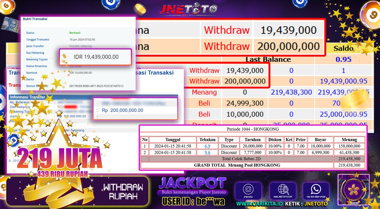 Bukti Jackpot JNETOTO JP Di Pasaran Carolinaday Rp. 219.000.000 LUNAS