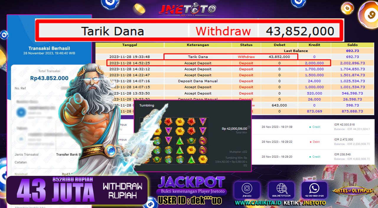 Bukti Jackpot JNETOTO Slot Gate Of Olympus Rp. 43.000.000 LUNAS