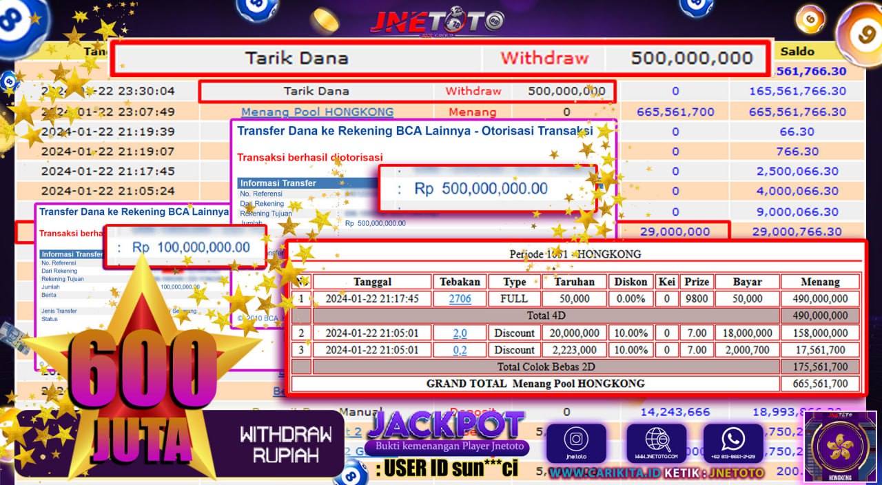 Bukti Jackpot JNETOTO JP Di Pasaran Hongkong Rp. 500.000.000 LUNAS