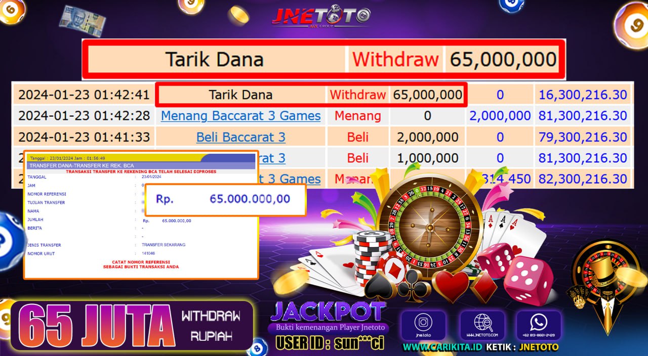 Bukti Jackpot JNETOTO JP Di Live Casino Baccarat 3 Games Rp. 65.000.000 LUNAS