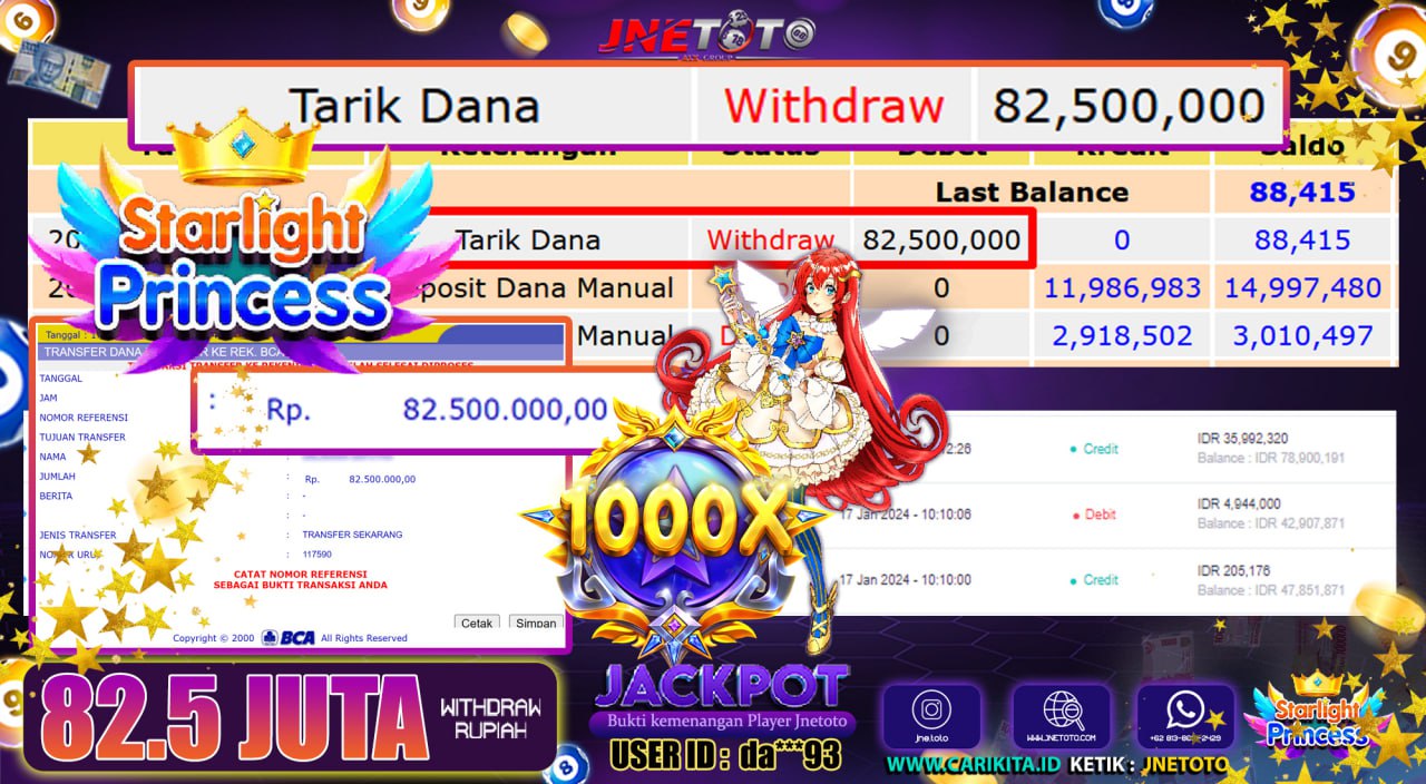 Bukti Jackpot JNETOTO JP Di Starlight Princess 1000 Rp. 82.500.000 LUNAS