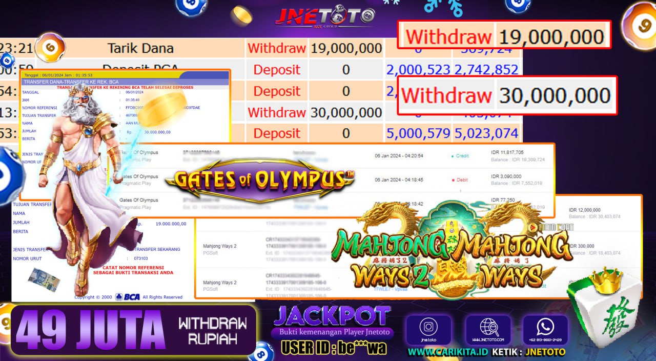 Bukti Jackpot JNETOTO JP Mahjong Ways 2 dan Gates of Olympus Rp. 49.000.000 LUNAS