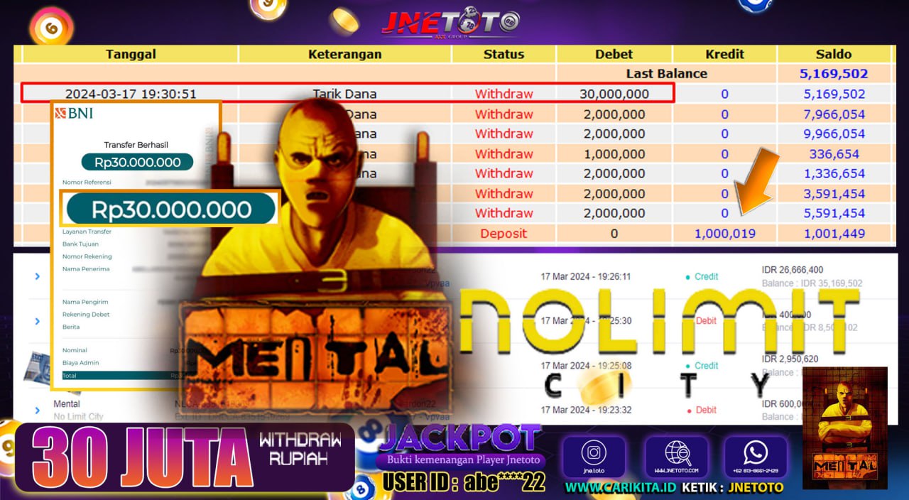 Bukti Jackpot JNETOTO Di Slot Nolimit City Rp. 30.000.000 LUNAS